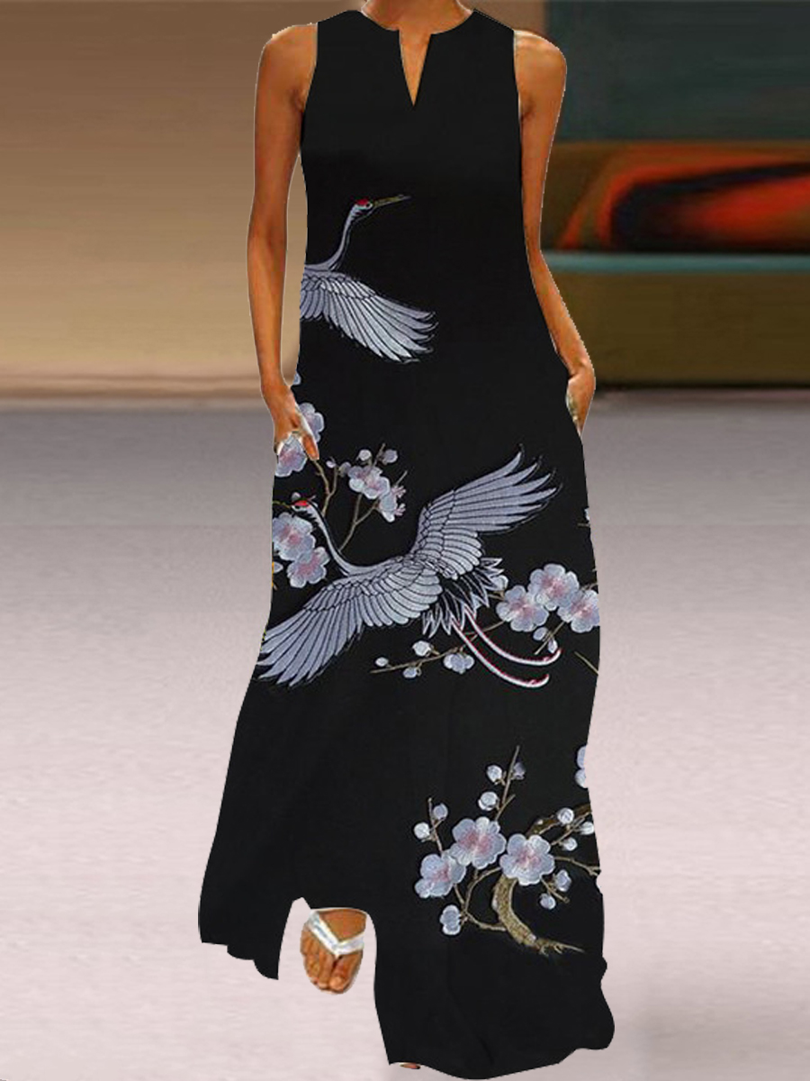 Casual Ethnic Print V-Neck Sleeveless Maxi Dress