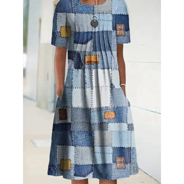 Round Neck Casual Loose Geometric Print Short Sleeve Midi Dress - Chrisitina.com 