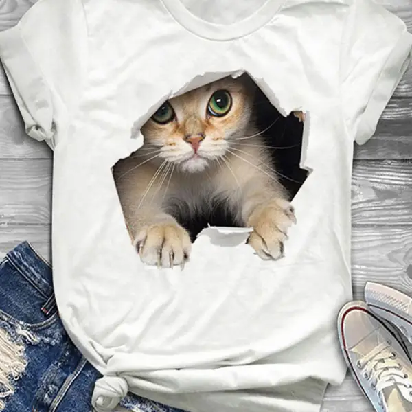 Round Neck Casual Loose Cat Print Short Sleeve T-Shirt - Blaroken.com 