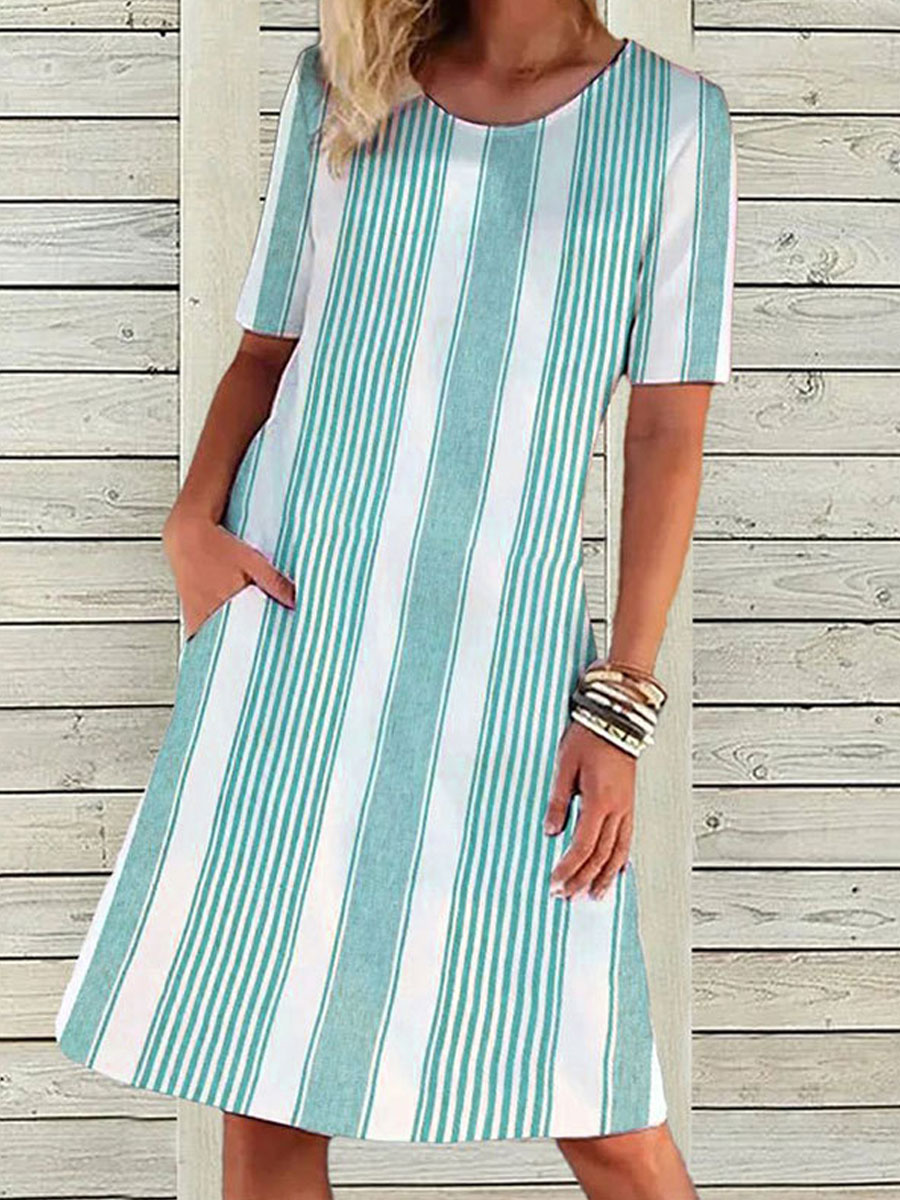 Round Neck Casual Loose Striped Vacation Short Sleeve Short Dress