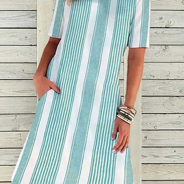 Round Neck Casual Loose Striped Vacation Short Sleeve Short Dress - Blaroken.com 