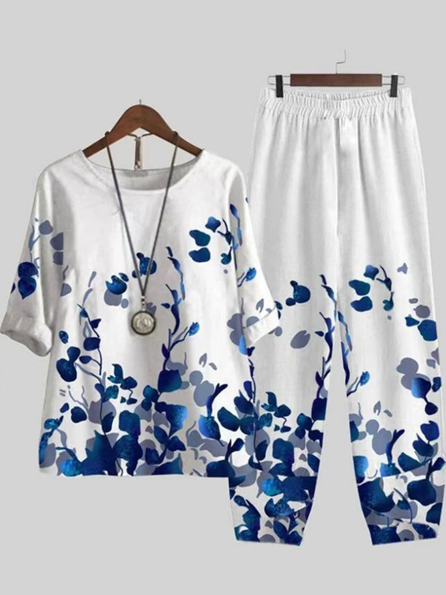 Round Neck Casual Loose Cotton Linen Floral Print Suit