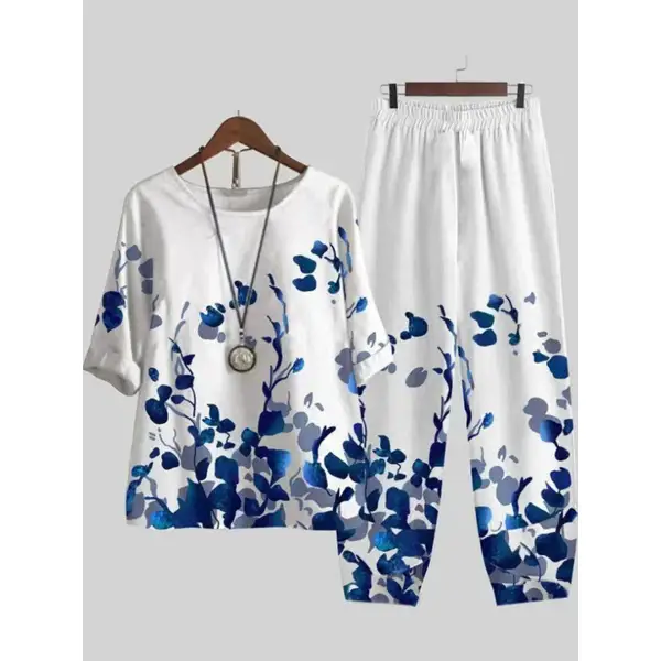 Round Neck Casual Loose Cotton Linen Floral Print Suit - Chrisitina.com 