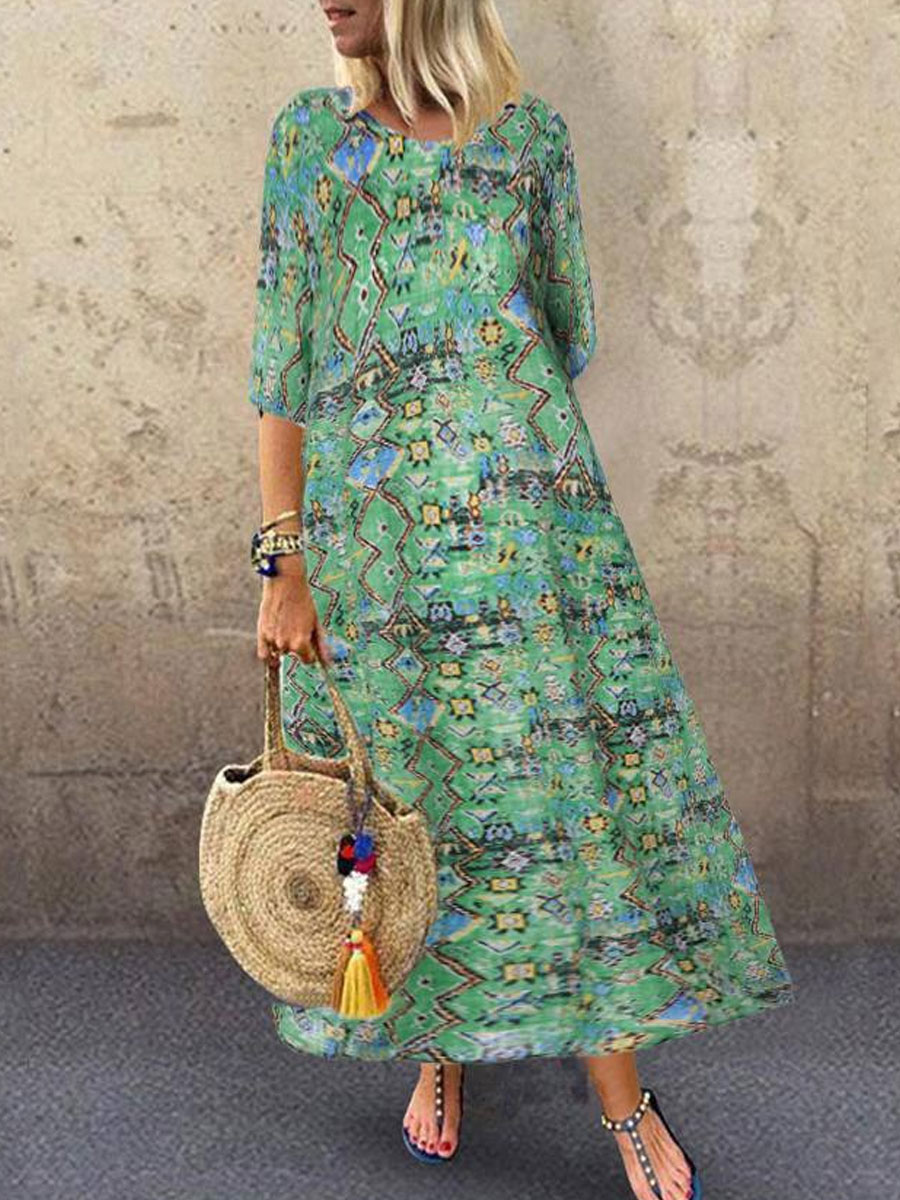Round Neck Casual Loose Geometric Print Short Sleeve Maxi Dress