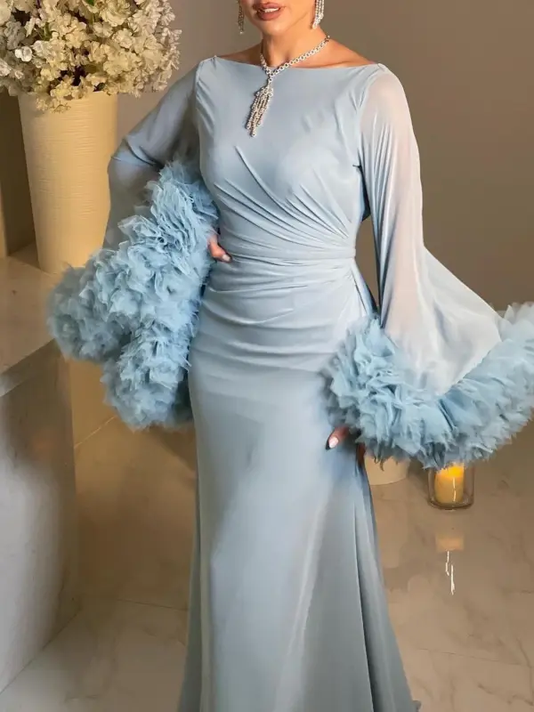 Women's Fashion Elegant Tulle Chiffon Flared Sleeve Slim Long Dress - Knowsan.com 