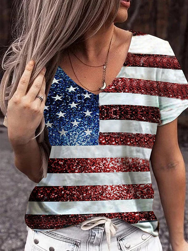 American Flag Print Women's V-Neck T-Shirt