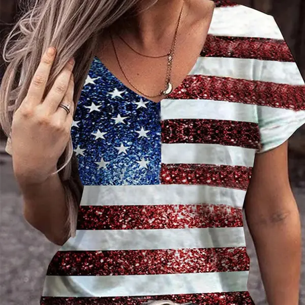 American Flag Print Women's V-Neck T-Shirt - Blaroken.com 