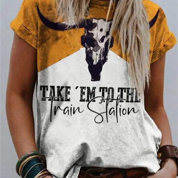 Women's Western Cowboy Print Short Sleeves T-shirt - Blaroken.com 