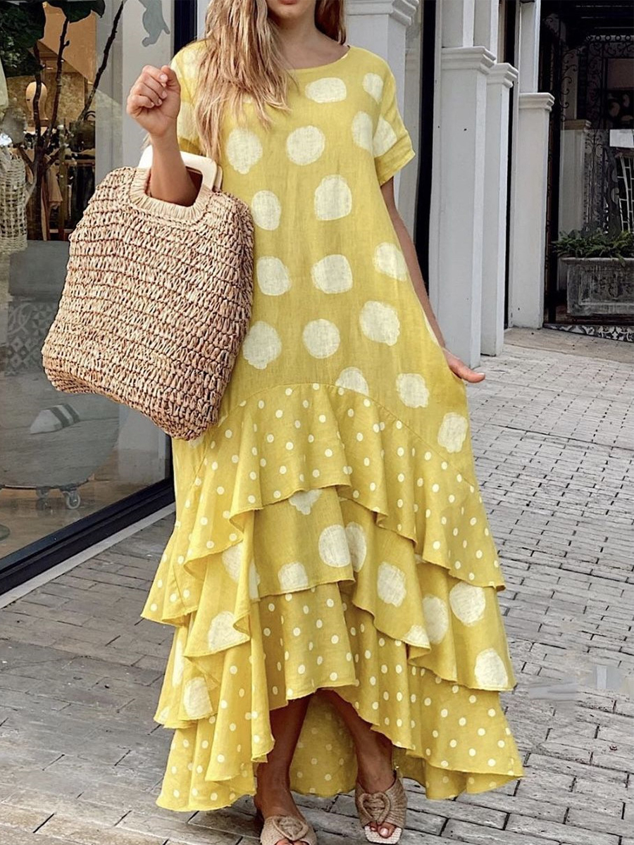 Women Casual Polka Dots Printed Short Sleeves Round Neck Maxi Dress