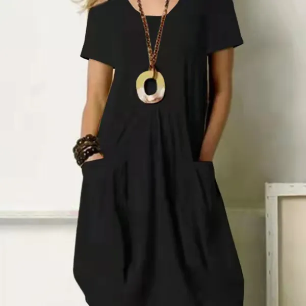 Women Casual Pockets Short Sleeves Summer Solid Midi Dress - Blaroken.com 