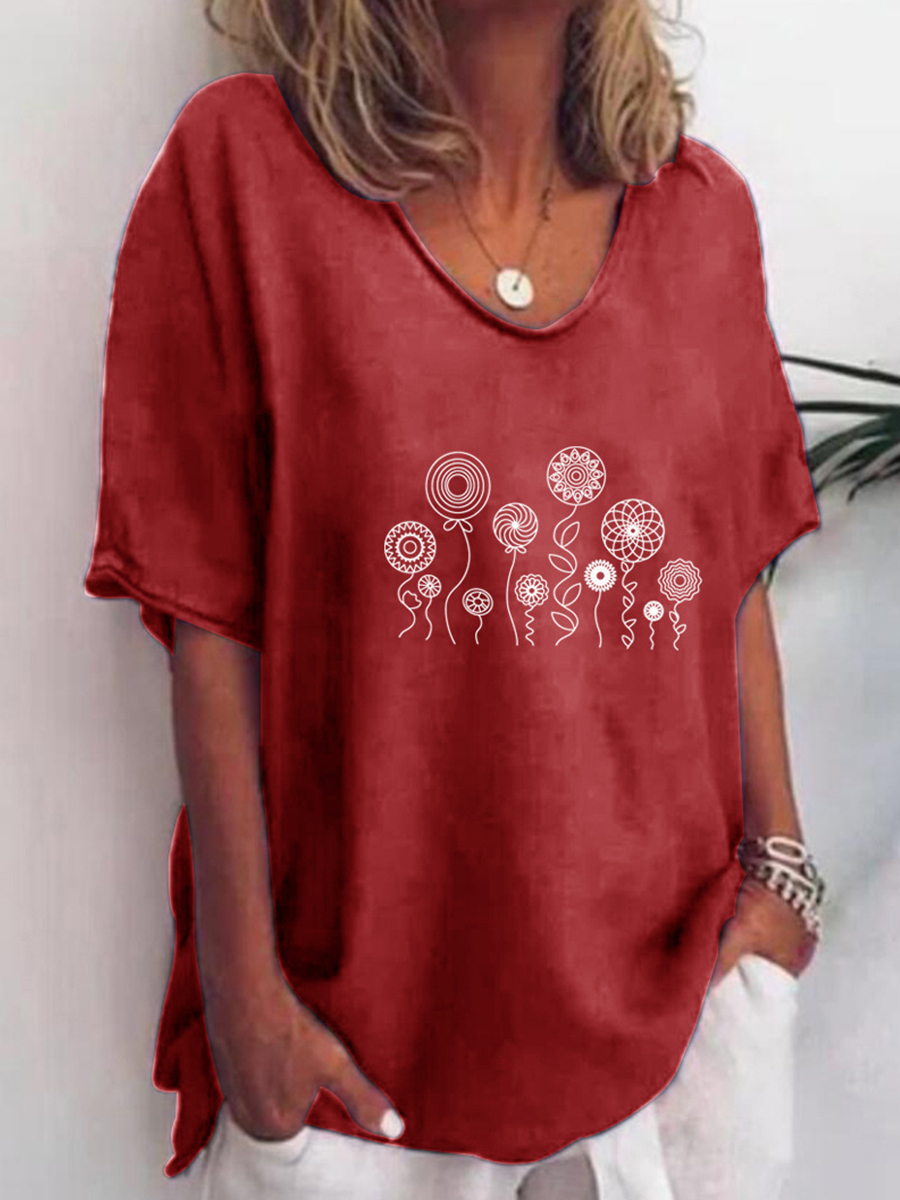 Women Crew Neck Short Sleeves Printed Casual T-shirt