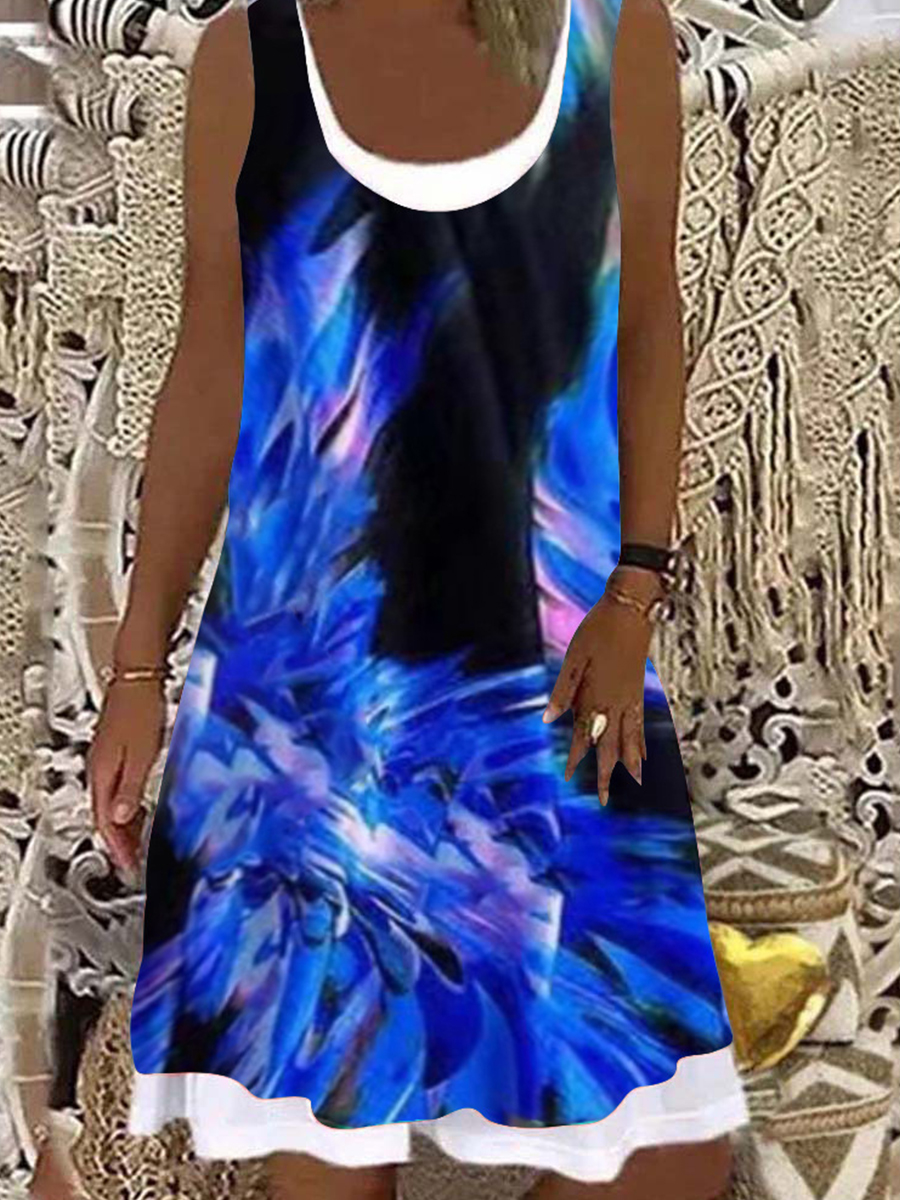 Round Neck Printed Sleeveless Short Dress