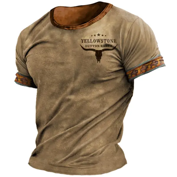 Men's T-shirt Retro Western National Style Yellowstone Print Pattern Summer Short-sleeved Color Matching Round Neck Tee - Manlyhost.com 