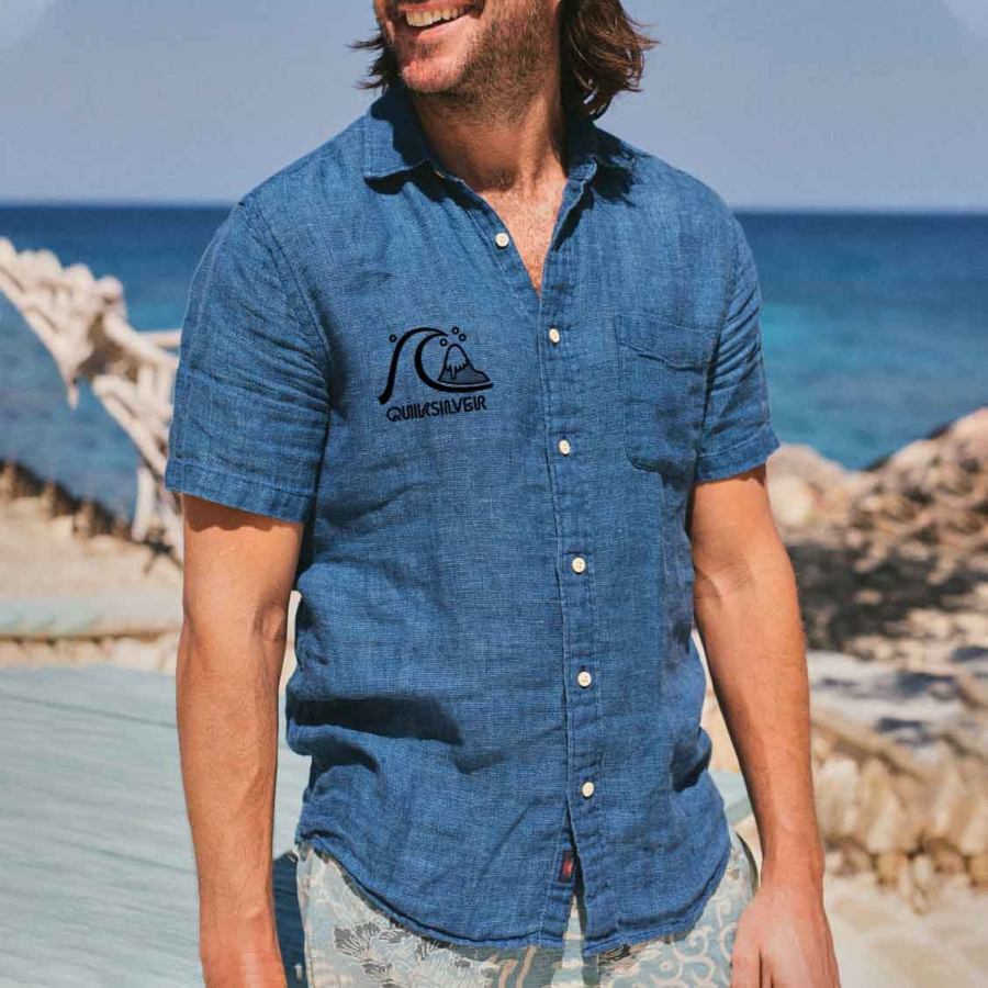 

Men's Shirt Short-Sleeve Linen Retro Quiksilver Summer Daily Tops Blue