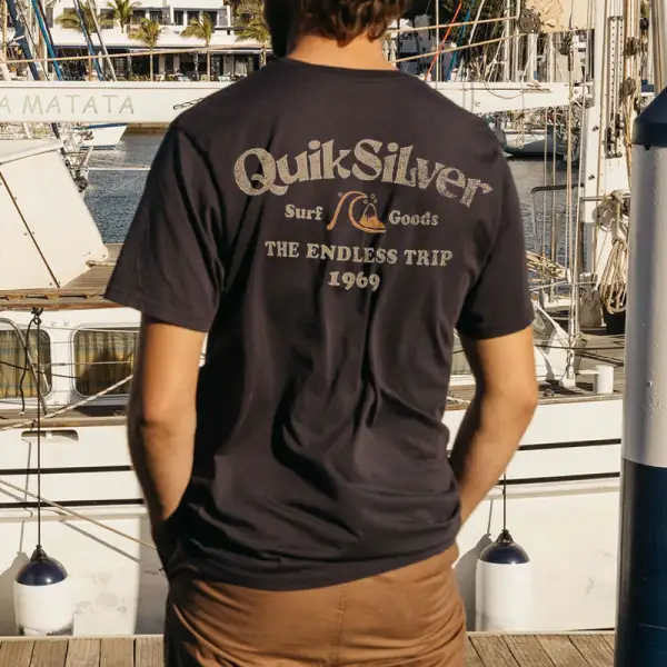 Men's Quiksilver T-Shirt Retro Surf Print Beach Vacation Casual Tee Black - Yiyistories.com 