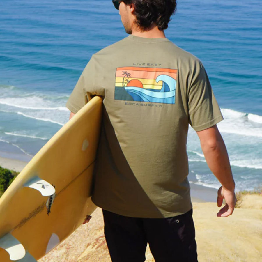 

Camiseta Masculina Sunrise Surf Print Férias Praia Casual Manga Curta Camiseta Diária