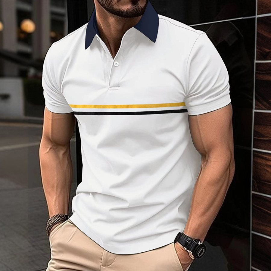 

Camiseta Masculina Casual Listrada Com Estampa Contrastante Gola Polo