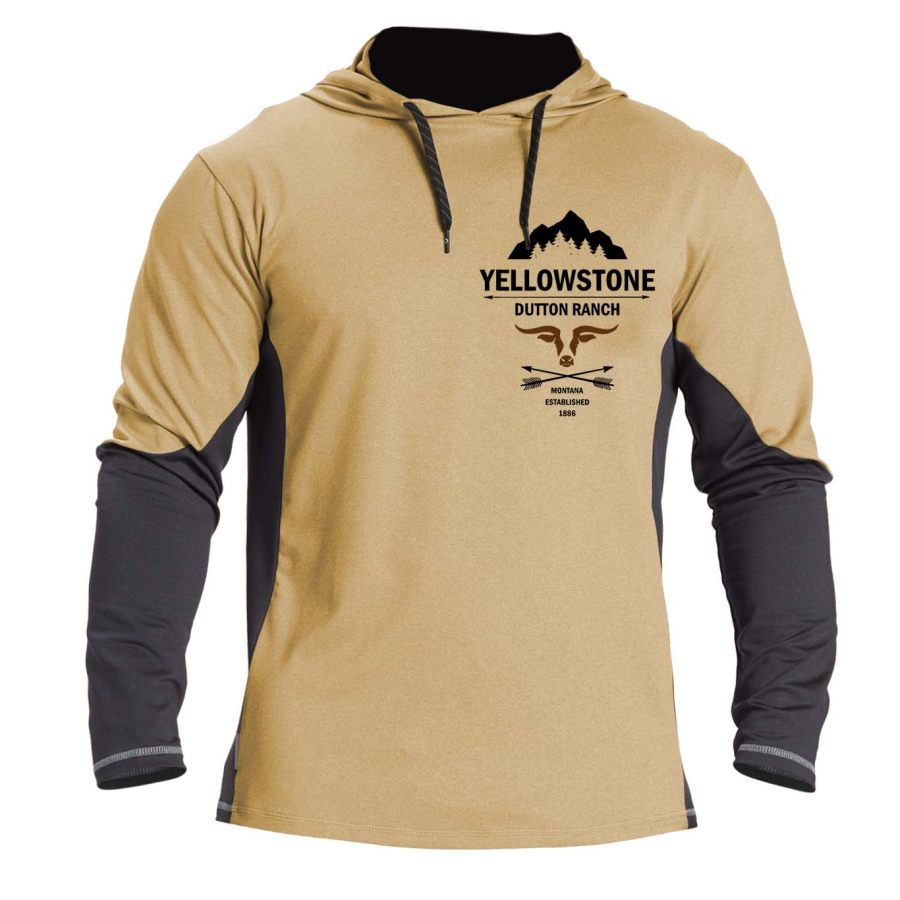 

Men's T-Shirt Long Sleeve Hooded Vintage Yellowstone Colorblock Outdoor Daily Tops Khaki