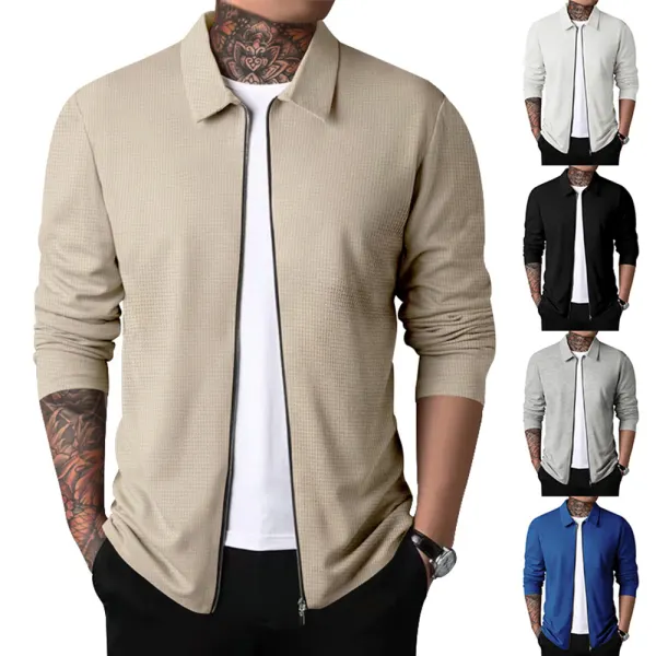 Men's Retro Waffle Zipper Lapel Jacket Coat Youth Slim Fit Outdoor Cardigan Tops - Kalesafe.com 