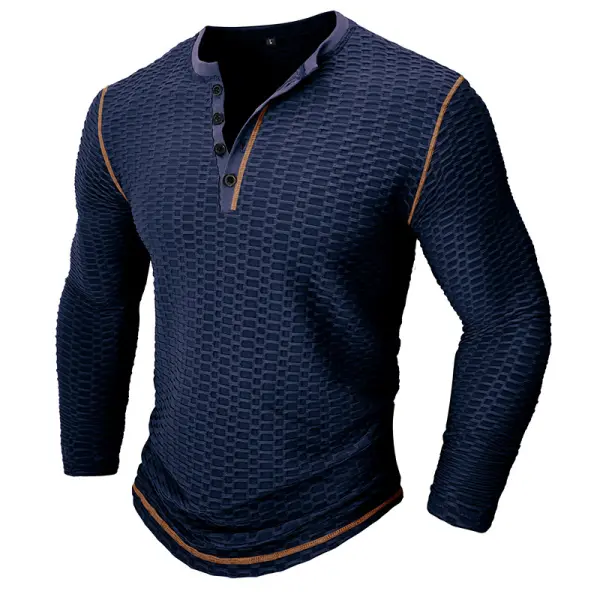 Men's Pit Strip Fabric Casual Color Block Breathable Long Sleeve T-Shirt Henley Tops - Blaroken.com 