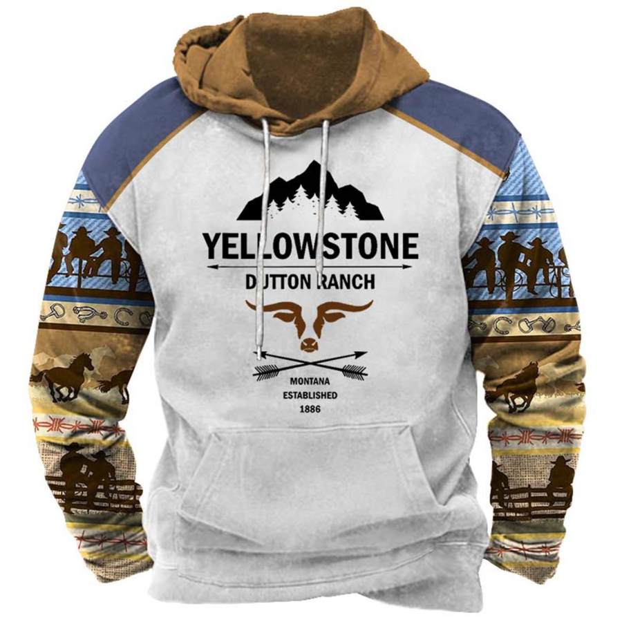

Moletom Masculino Vintage Yellowstone Western Cowboy Bolso Manga Longa Plus Size Colorblock Tops Diários Branco
