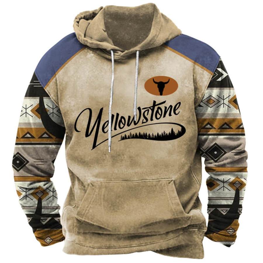 

Men's Hoodie Vintage Yellowstone Aztec Pocket Long Sleeve Plus Size Colorblock Daily Tops Khaki