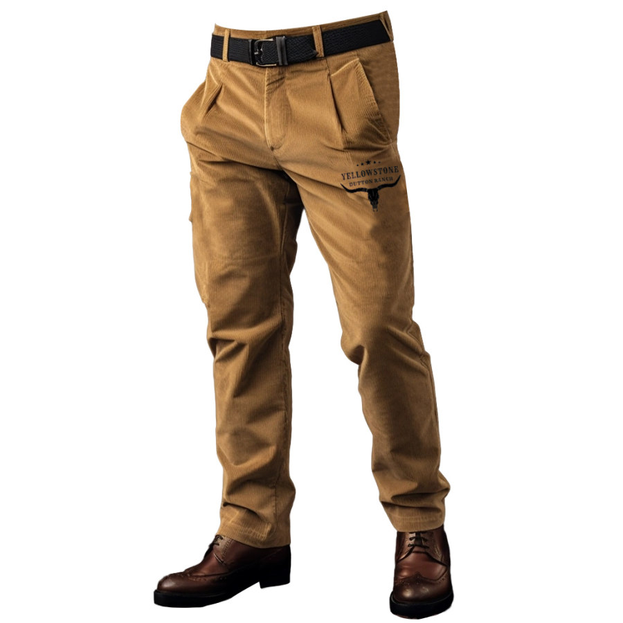 

Calças Masculinas Vintage De Veludo Cotelê Yellowstone Skull Bull Pockets Ao Ar Livre Casual Calças De Trabalho Diário Cáqui
