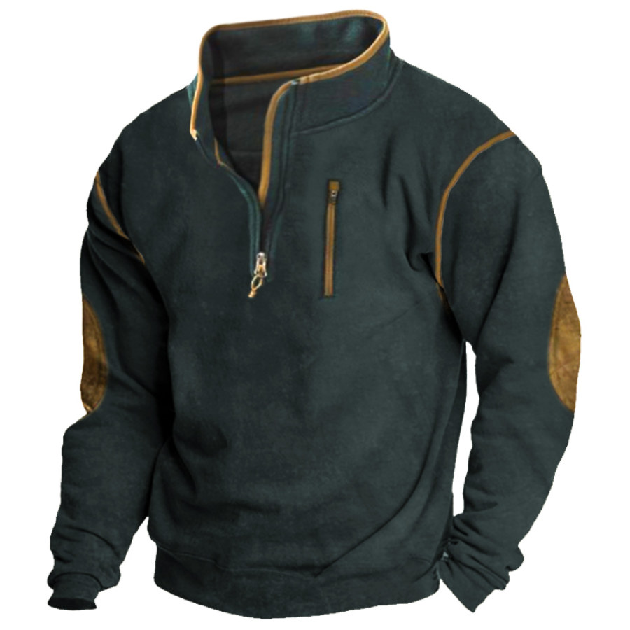 

Men's Sweatshirt Retro 1/4 Zipper Colorblock Stand Collar Pocket Outdoor Casual Pullover Green