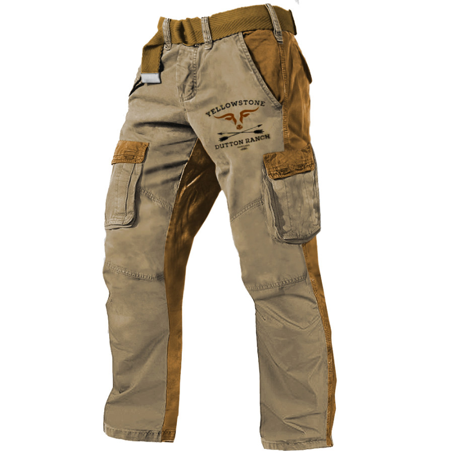 

Men's Vintage Western Yellowstone Print Colorblock Multi-Pocket Tactical Trousers