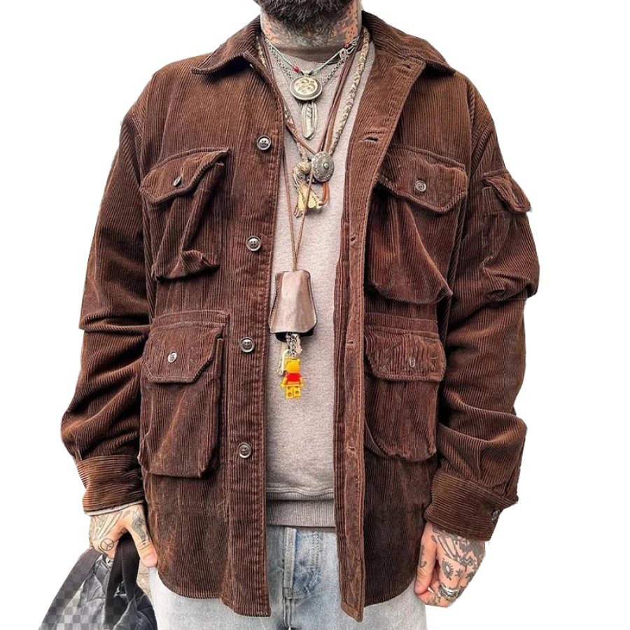 

Мужская винтажная вельветовая куртка с несколькими карманами рабочее пальто кофейно-коричневая