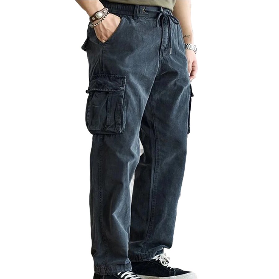 

Men's Retro Cargo Drawstring Elastic Waist Trousers 1940s Wide Leg Retro Casual Pants Navy Blue