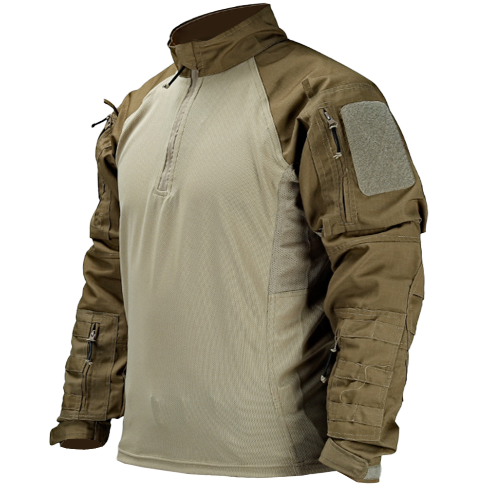 Men's Outdoor Tactical Multi Pocket Zipper Stand Collar Long Sleeve Top Color Matching Tactical Long-Sleeved Top