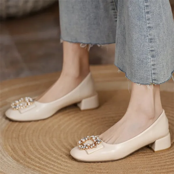 Ladies Retro Round Head Pearl Decoration Low Heels - Mercadolibreweb.com 