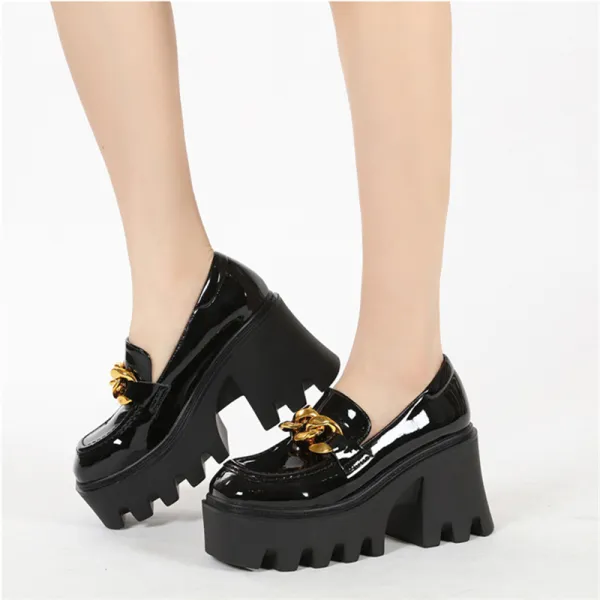 Ladies Retro Square Toe Lacquered Decorative Buckle Platform Shoes - Mercadolibreweb.com 