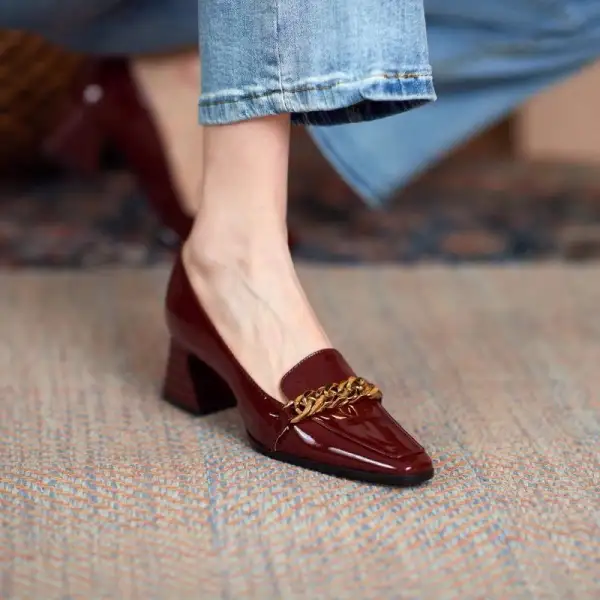 Vintage Wine Patent Leather Thick Heels Square-Toed Loafers - Mercadolibreweb.com 