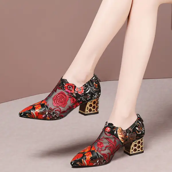 Deep-mouth Shoes With Coarse-heeled Embroidered Gauze And National Style - Mercadolibreweb.com 