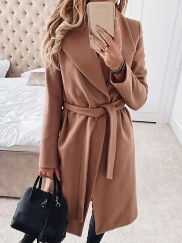 Solid color medium-length coat with lapel binding and wool coat - Luvyle.chimpone.com 