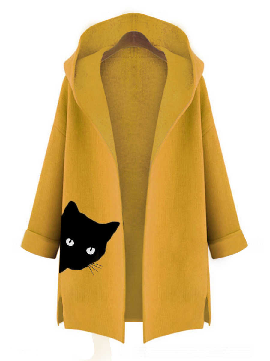 Hooded Cat Printed Woolen Color Block Coat