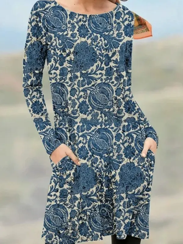 Vintage Round Neck Long Sleeve Casual Dress - Luvyle.chimpone.com 