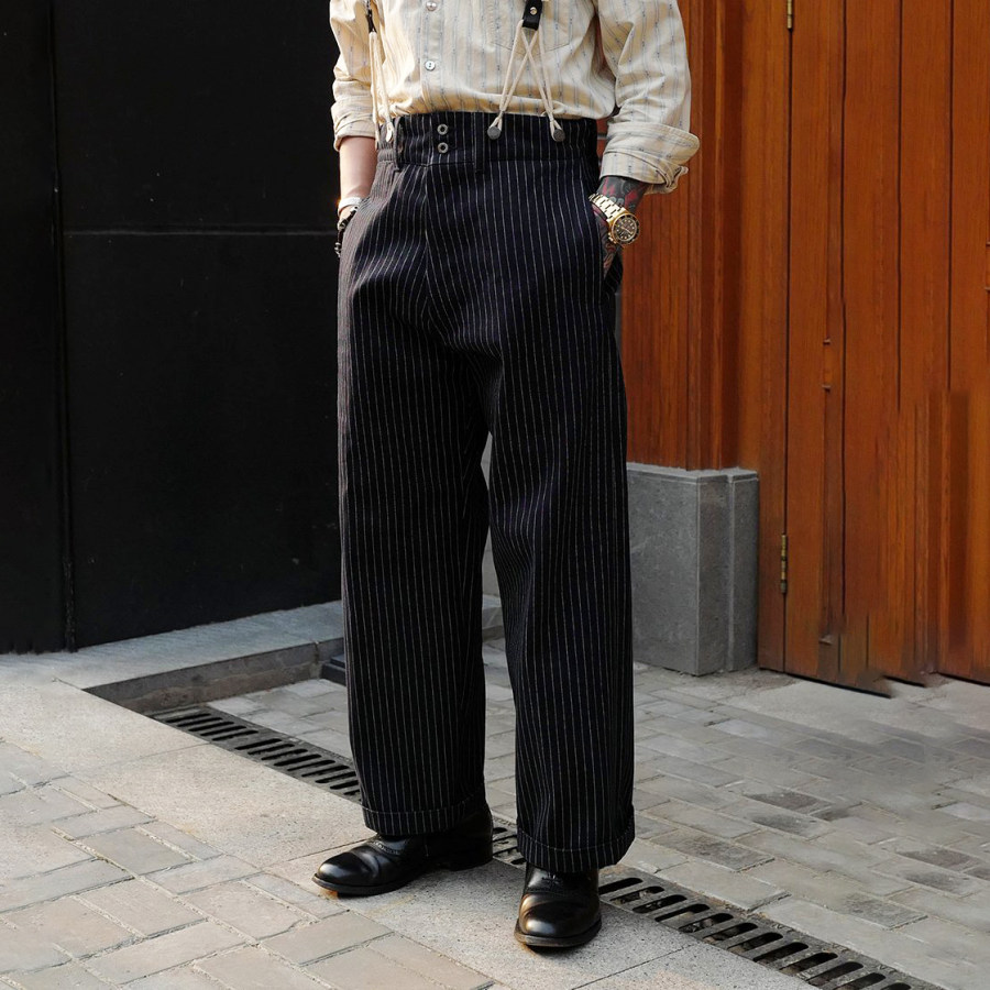 

1930s pinstriped denim fishtail pinstripe trousers