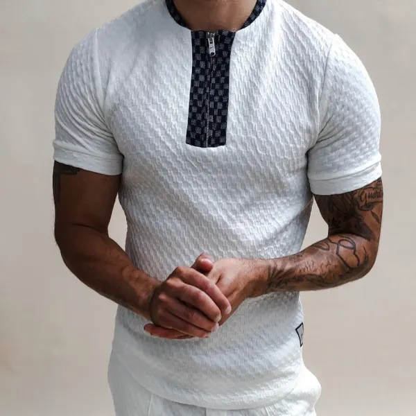 Textured Collarless Slim Fit Polo Shirt - Sanhive.com 