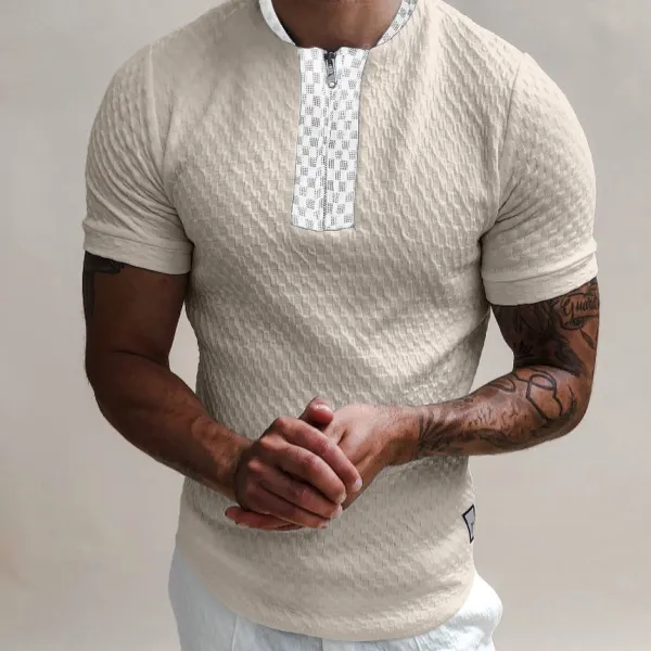 Textured Collarless Slim Fit Polo Shirt - Fineyoyo.com 