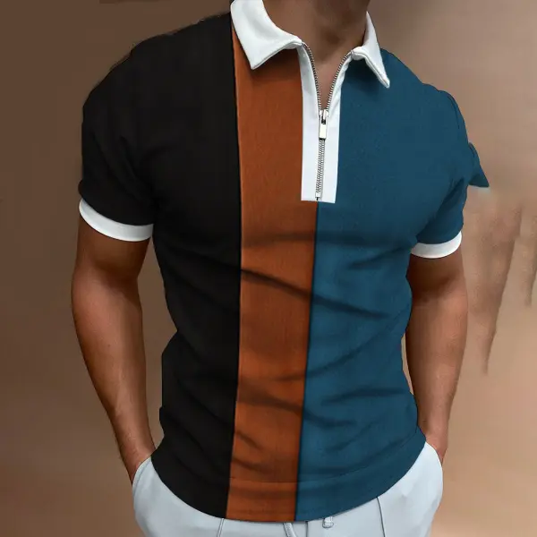 Men's Casual Style Summer Daily Stitching Zipper Design Polo Collar Short-sleeved T-shirt - Chrisitina.com 