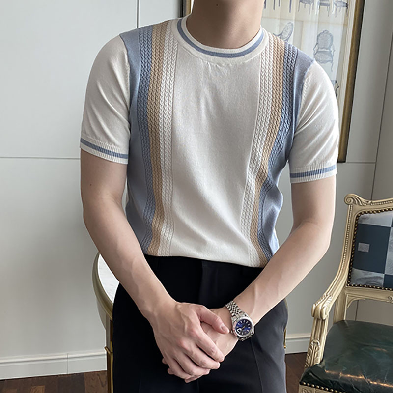 Summer Mens Vertical Stripes Knitted T shirt