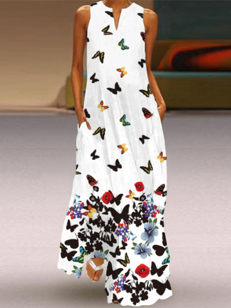 Ladies Printed V neck Sleeveless Maxi Dress