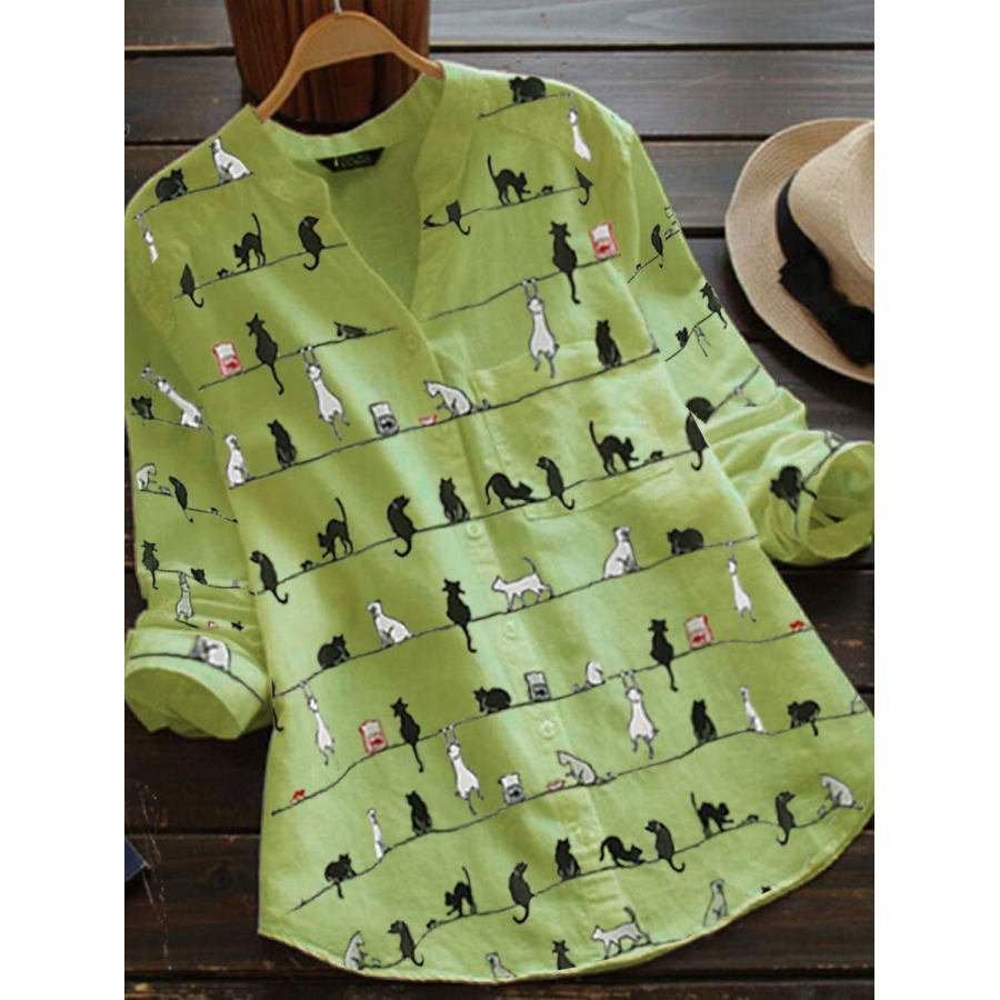 

Lange Bluse Aus Baumwolle Und Leinen Mit Cartoon-Katzen-Print