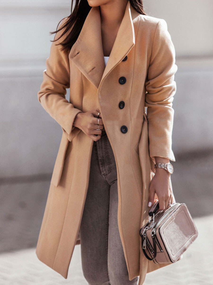 Fashion Solid Color Long sleeved Casual Woolen Coat
