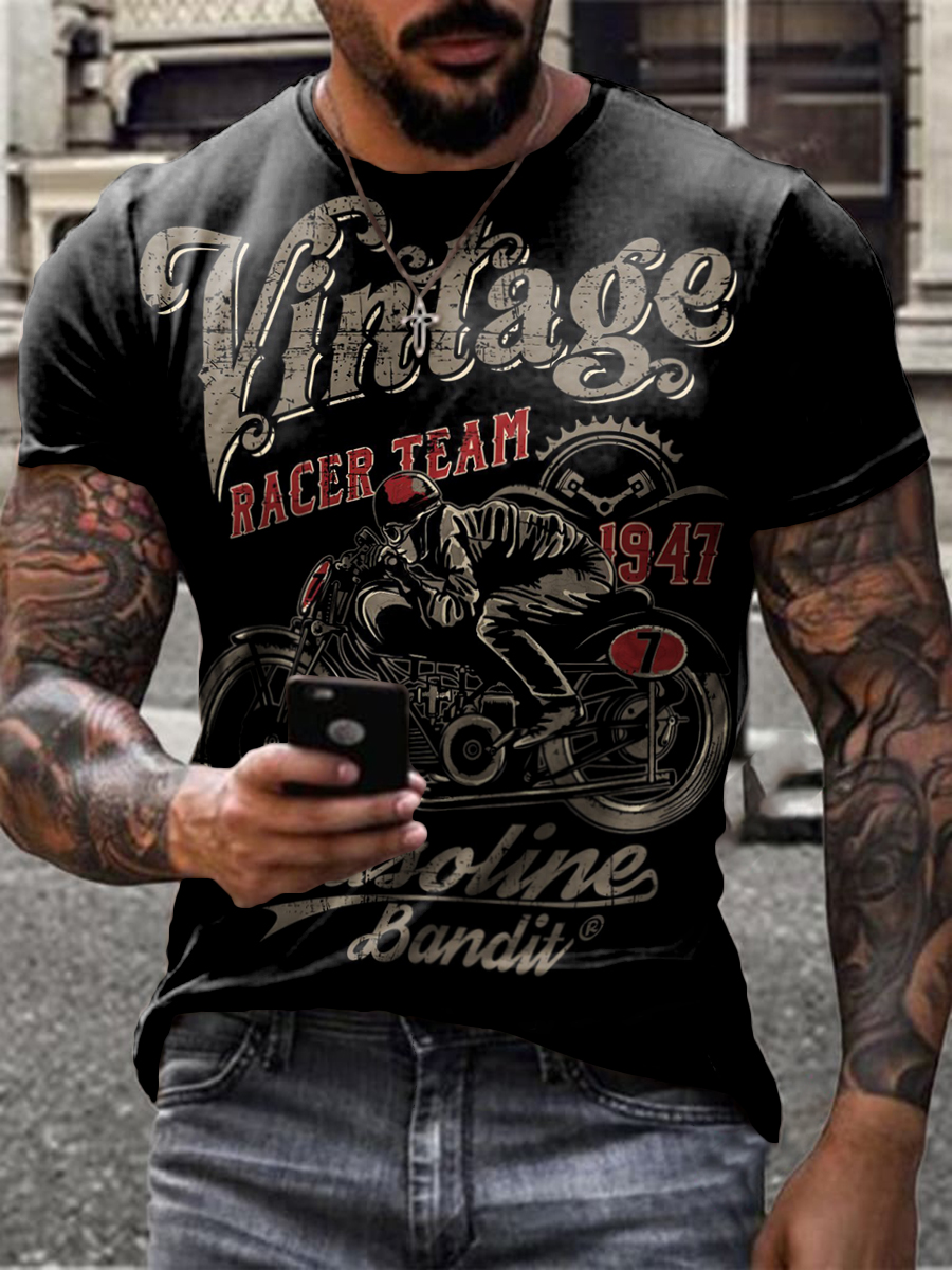 Mens Crew Neck Motorcyle Chic Short Sleeve Tops T-shirts