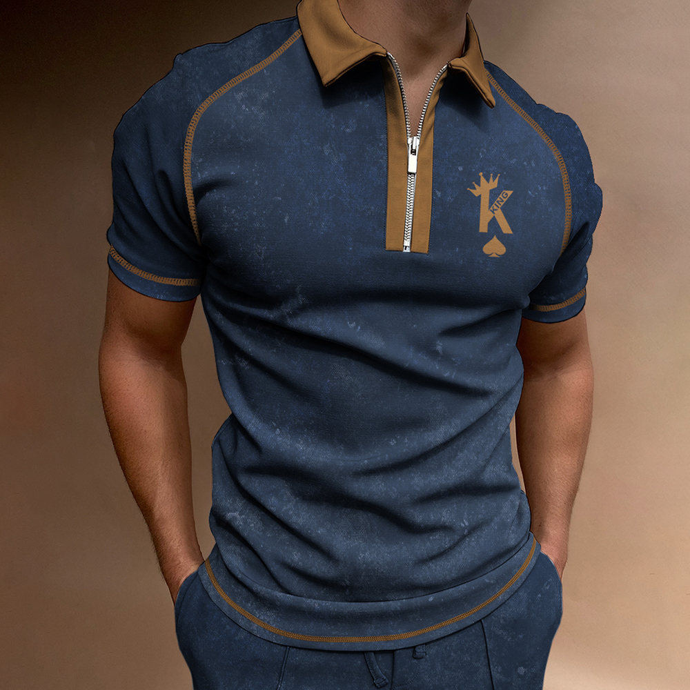 Men's Casual Poker K Print Color Matching Short Sleeve Zipper Polo Shirt