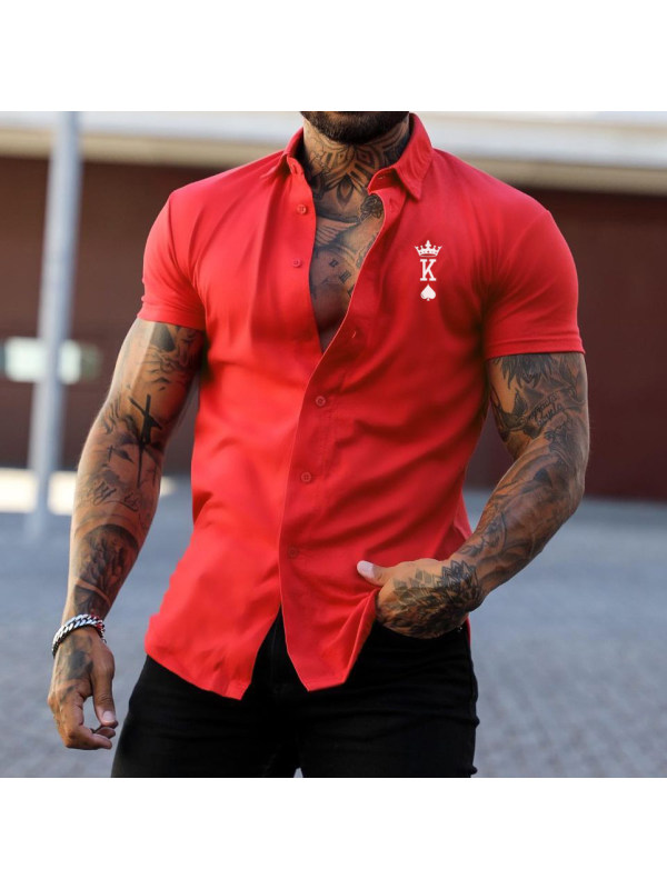 Men's Fashion Crown Poker K Print Casual Slim Short Sleeve Shirt